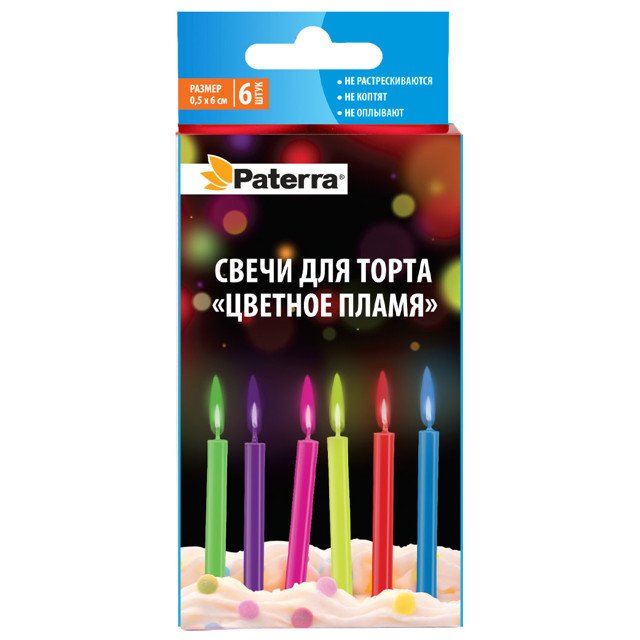 свечи для торта PATERRA Цветное пламя 6шт 8см 1ч/г без аромата